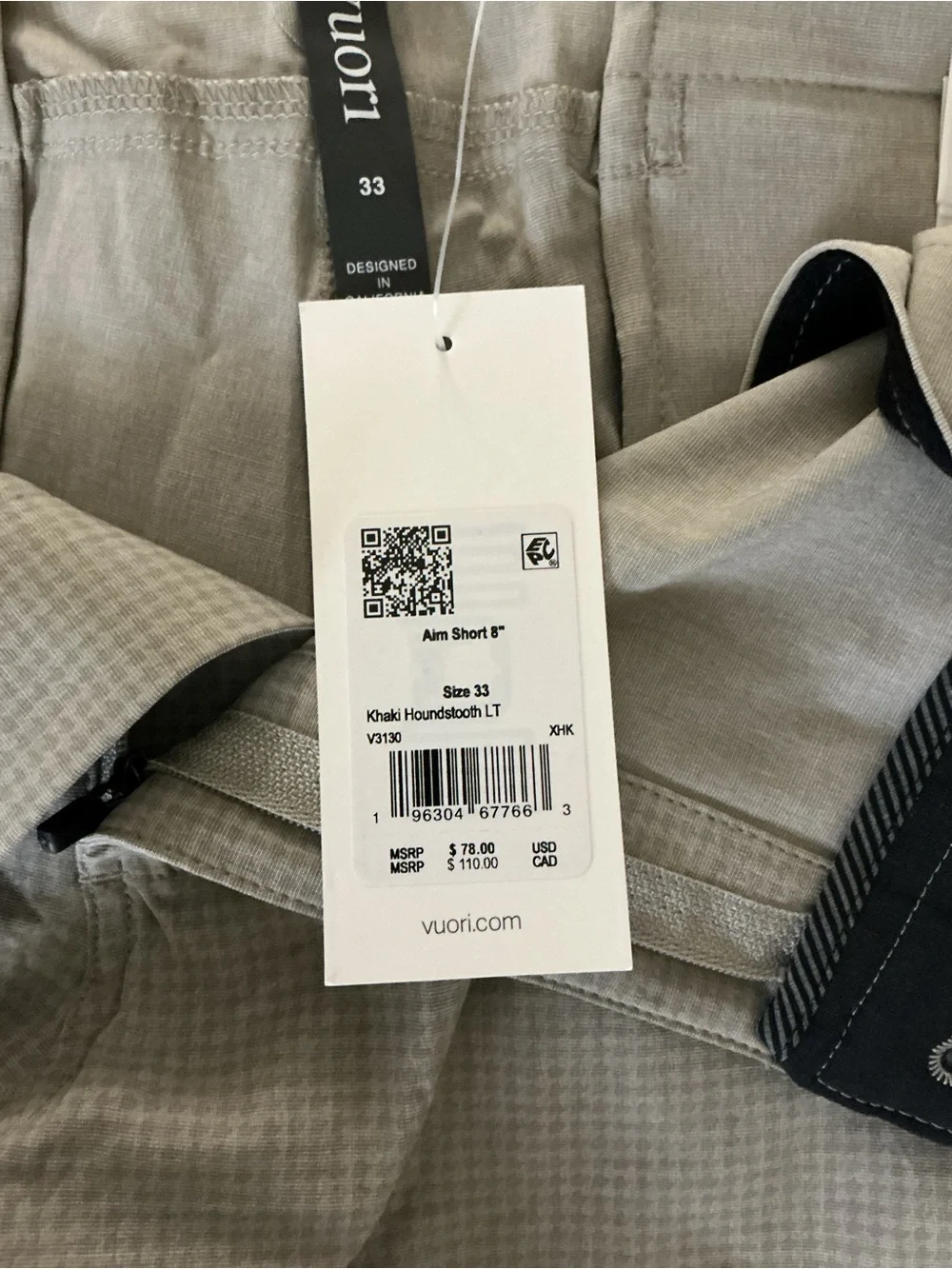 Vuori 8” Aim Shorts with Khaki Houndstooth Pattern Brand New NWT size 33”